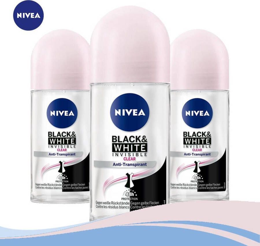 NIVEA Invisible For Black & White Clear Deodorant Roller 3x50 ml Voordeelverpakking