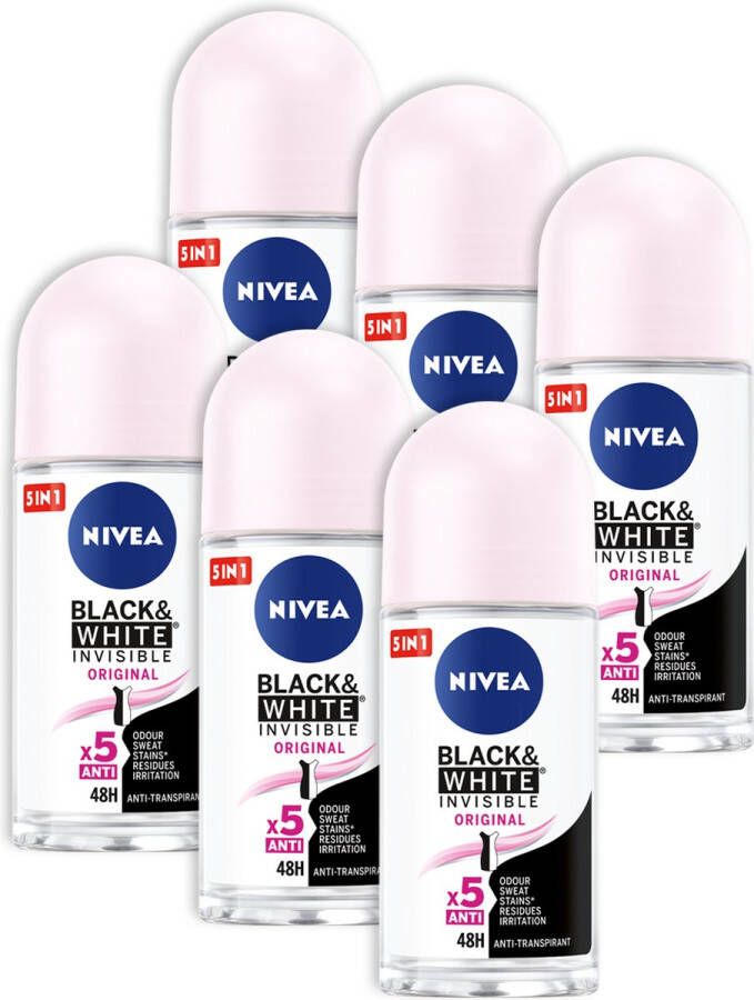NIVEA Invisible For Black & White Clear Deodorant Roller 6 x 50 ml Voordeelverpakking