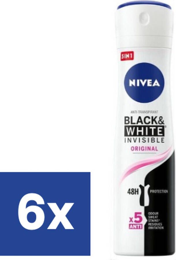 NIVEA Invisible For Black & White Clear Deodorant Spray 6 x 150 ml Voordeelverpakking