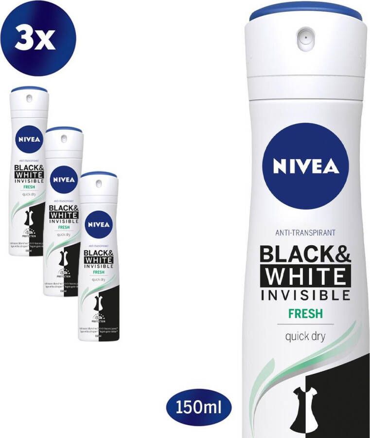 NIVEA Invisible For Black & White Fresh Deodorant Spray 3 x 150 ml Voordeelverpakking