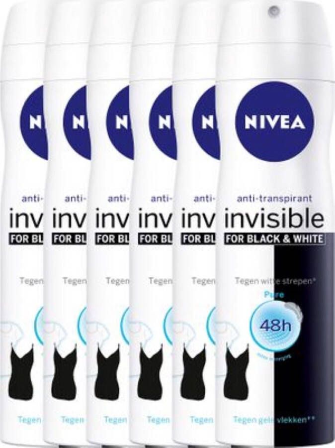 NIVEA Invisible For Black & White Pure 6 x 150 ml Voordeelverpakking Deodorant Spray