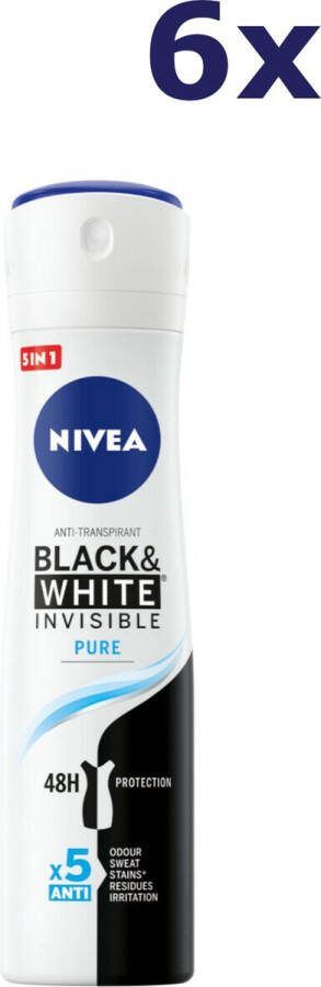 NIVEA Invisible For Black & White Pure 6 x 150 ml Voordeelverpakking Deodorant Spray