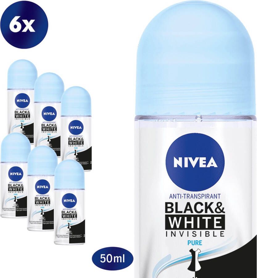 NIVEA Invisible For Black & White Pure 6 x 50 ml Voordeelverpakking Deodorant Roller