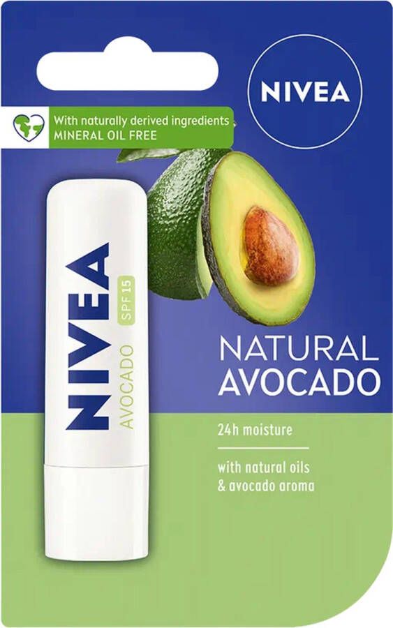 NIVEA Labello Natural Avocado Lippenbalsem 5 ml Stick Lipbalsem Lipbalm Lipverzorging SPF 15 Verrijkt met Avocado olie