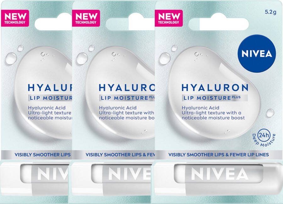NIVEA Lippenbalsem Hyaluron Lip Moisture Plus 3 x 5 2g Lipbalm voor 24h Diepe Hydratatie Merkbaar Zachte en Gladde Lippen