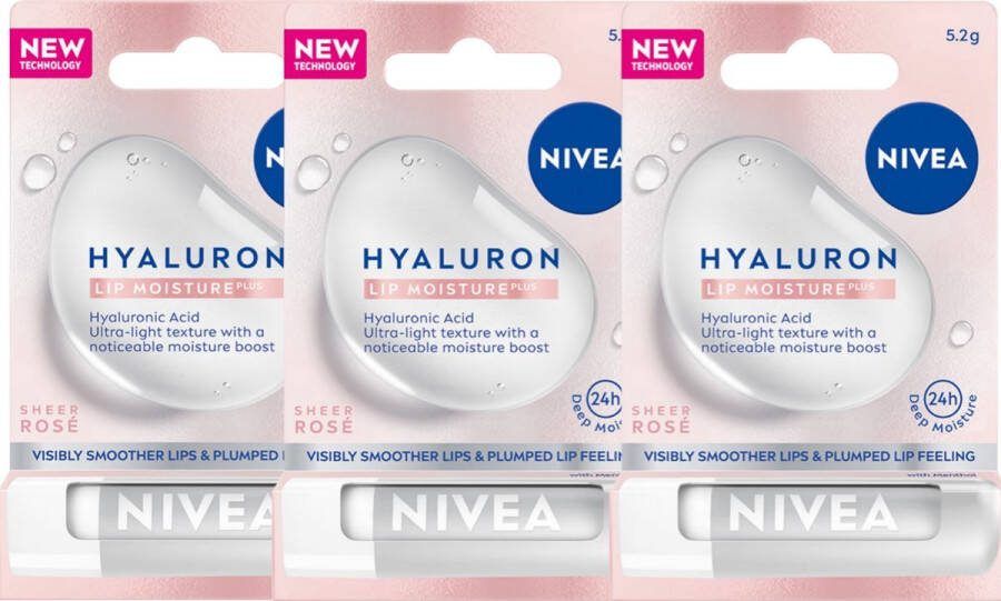 NIVEA Lippenbalsem Hyaluron Plus Sheer Rose 3 x 5 2g Lipbalm voor 24h Diepe Hydratatie Merkbaar Zachte en Vollere Lippen