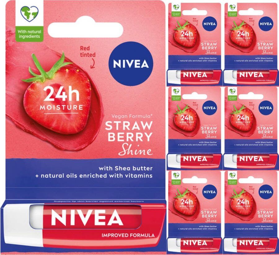 NIVEA Lippenbalsem Strawberry Shine 6 x 4.8g Verbeterde Vegan Formule Shea Boter en Natuurlijke Olien Verrijkt Met vitaminen Lipbalm