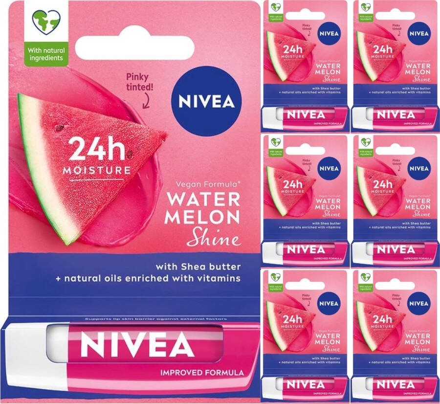 NIVEA Lippenbalsem Watermelon Shine 6 x 4.8g Verbeterde Vegan Formule Shea Boter en Natuurlijke Olien Verrijkt Met vitaminen Lipbalm