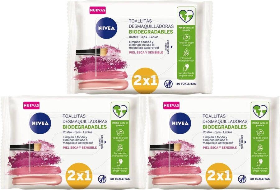 NIVEA Makeup Reinigingsdoekjes Speciaal Voor Droge En Gevoelige Huid Voor Gezicht Ogen en Lippen 3 x 40st Zonder Alcohol