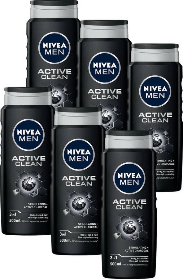 NIVEA MEN Active Clean Douchegel 3-in-1 Shower Gel Met natuurlijk actief houtskool Shampoo Voordeelverpakking 6 x 500 ml