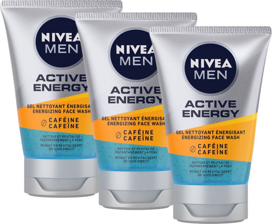 NIVEA MEN Active Energy Reinigingsgel Face Wash 3 x 100 ml Voordeelverpakking