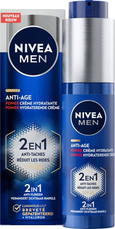 NIVEA MEN Anti-Age 2in1 Power Hydraterende Crème Gezicht Dagcrème Normale en rijpere huid SPF 30 Met hyaluronzuur en Luminous630 50 ml