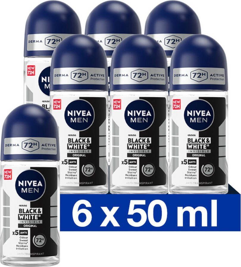 NIVEA MEN Black & White Invisible original Anti-Transpirant Deo Roller Deodorant 6 x 50 ml Voordeelverpakking