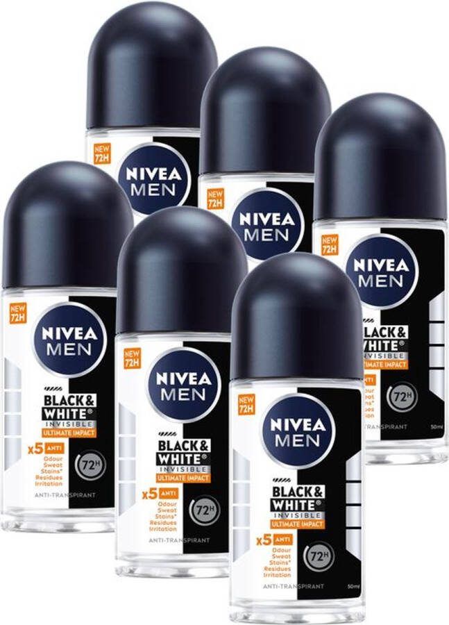 NIVEA MEN Black & White Ultimate Impact Anti-Transpirant Deo Roller Deodorant Voordeelverpakking 6 x 50ml
