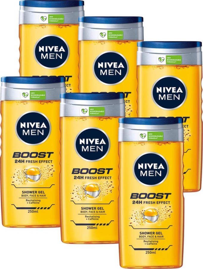 NIVEA MEN Boost Douchegel 3-in-1 Shower Gel Met Revitaliserend Cafeïne Shampoo Voordeelverpakking 6 x 250 ml
