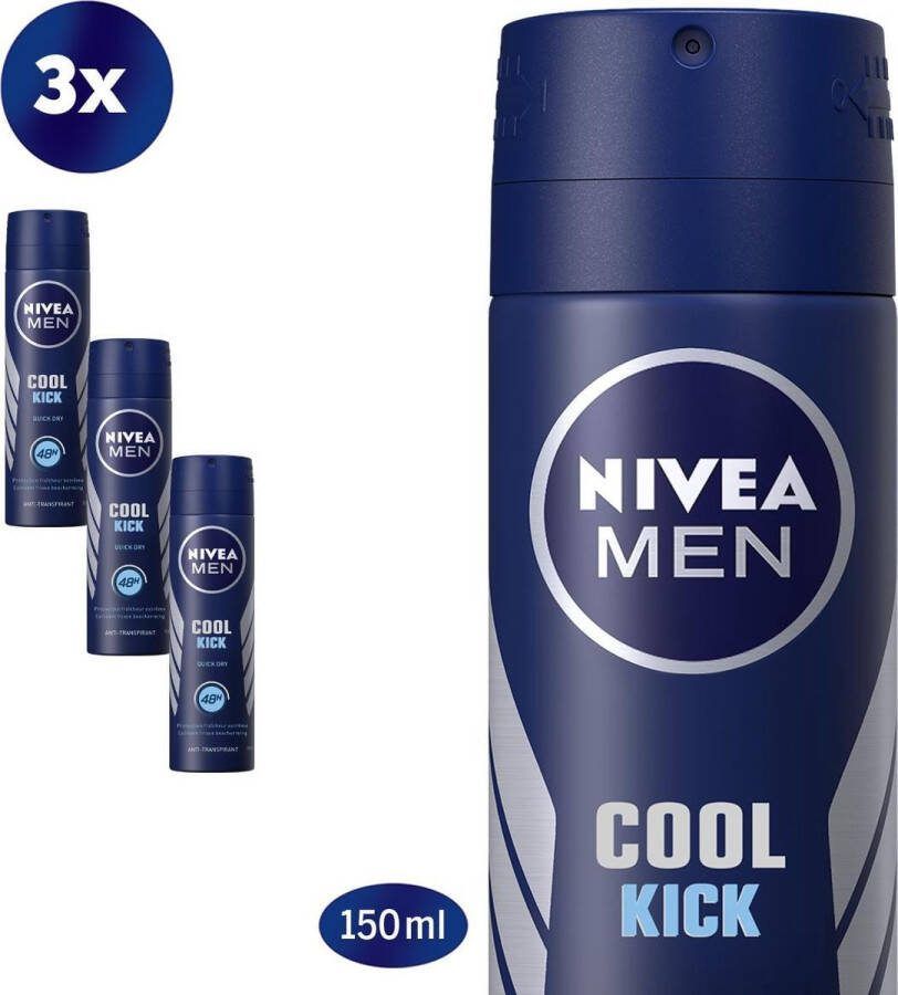 NIVEA MEN Cool Kick Deodorant Spray Anti-Transpirant Deo 3 x 150 ml Voordeelverpakking
