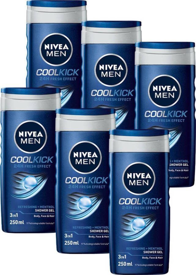 NIVEA MEN Cool Kick Shower Gel 3-in-1 Douchegel Met Verfrissende Menthol Shampoo Voordeelverpakking 6 x 250 ml
