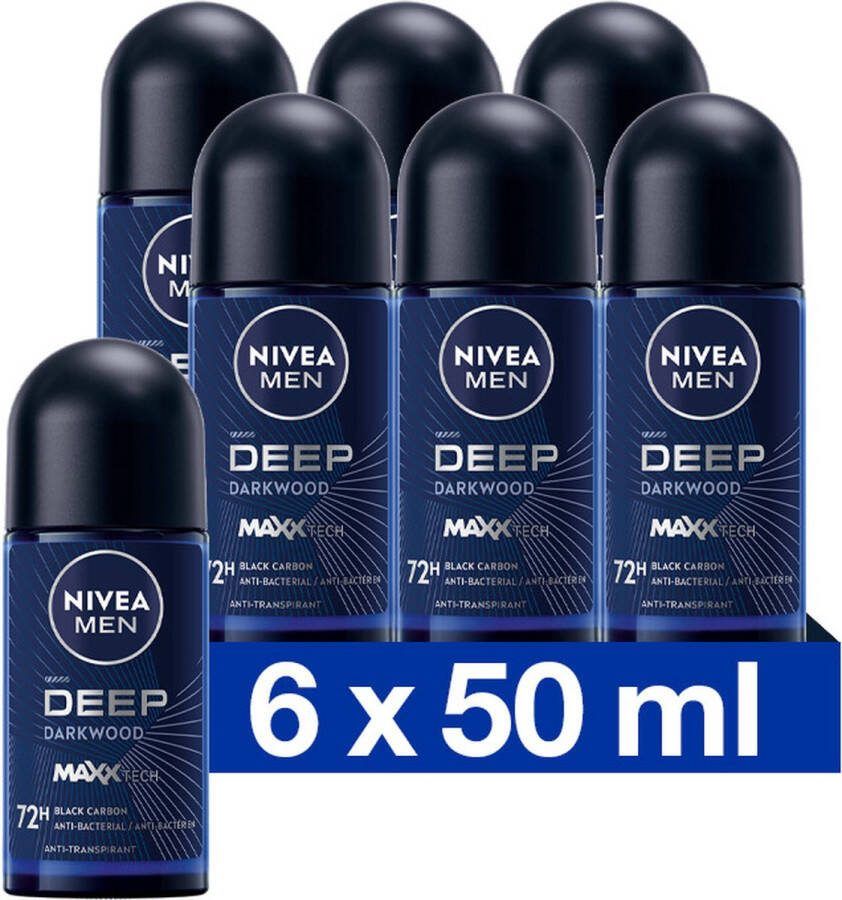 NIVEA MEN Deep Anti-Transpirant Deo Roller Dark Wood 72 uur Bescherming Deodorant 6 x 50ml Voordeelverpakking