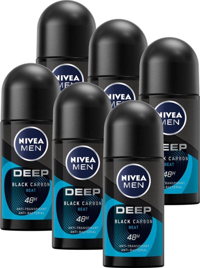 NIVEA MEN Deep Black Carbon Beat Anti-Transpirant Deo Roller Deodorant 6 x 50ml Voordeelverpakking