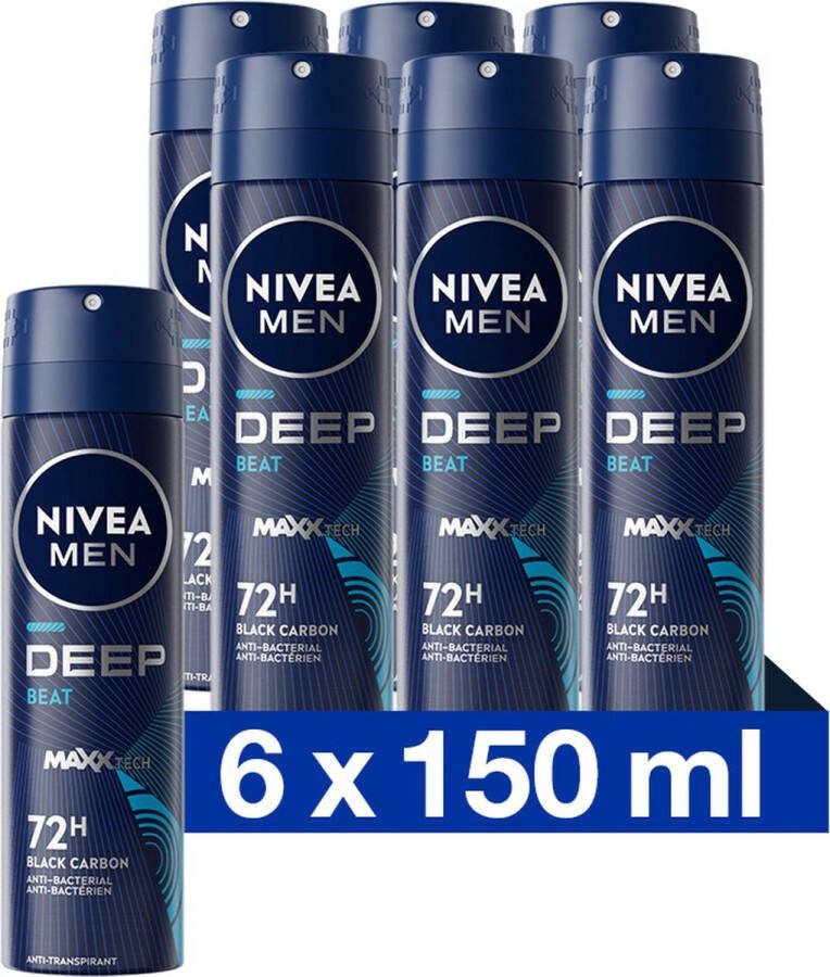 NIVEA MEN Deep Black Carbon Beat Deodorant Spray 72 uur bescherming – Geur met houttonen Met zwarte koolstof Antibacterieel 6 x 150ml Voordeelverpakking