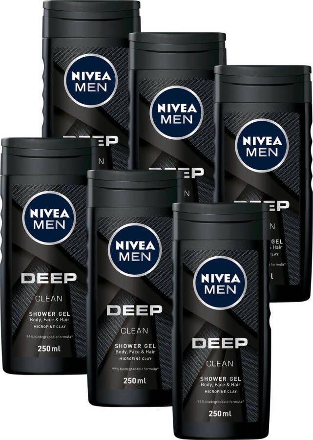 NIVEA MEN DEEP Clean Shower Gel 3-in-1 Douchegel Shampoo Voordeelverpakking 6 x 250 ml