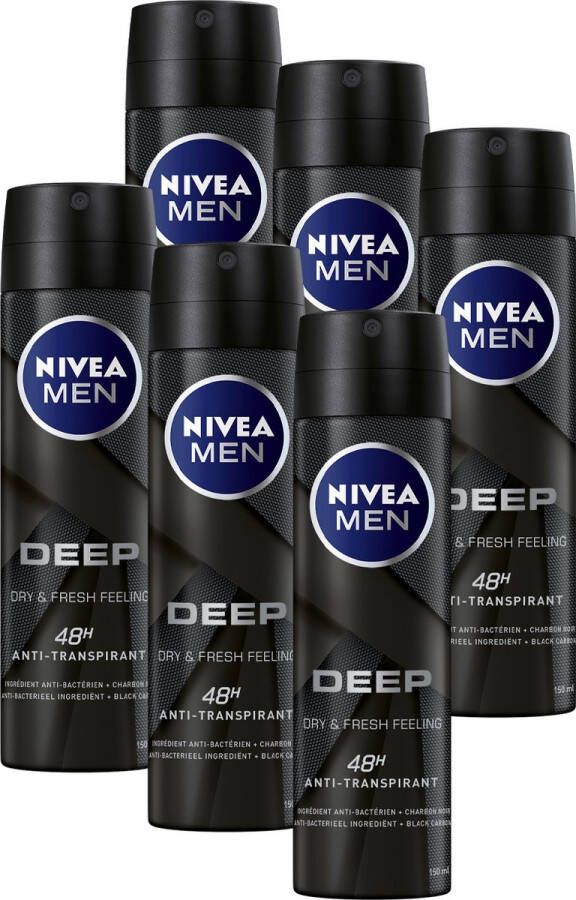 NIVEA MEN Deep Deodorant Spray Dark Wood geur Met black carbon Beschermt 72 uur Antibacterieel en alcoholvrij 6 x 150ml Voordeelverpakking