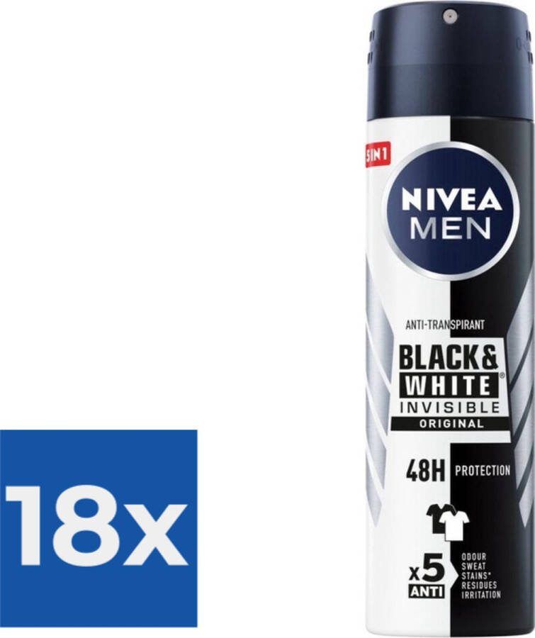 NIVEA Men Deodorant Spray Invisible for Black & White 150 ml Voordeelverpakking 18 stuks