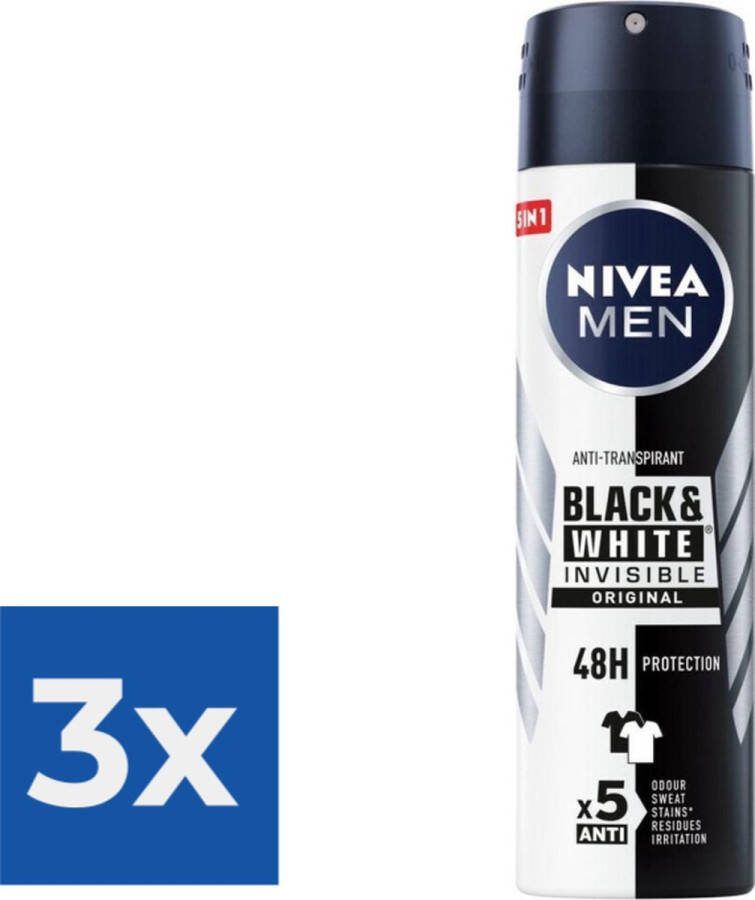 NIVEA Men Deodorant Spray Invisible for Black & White 150 ml Voordeelverpakking 3 stuks