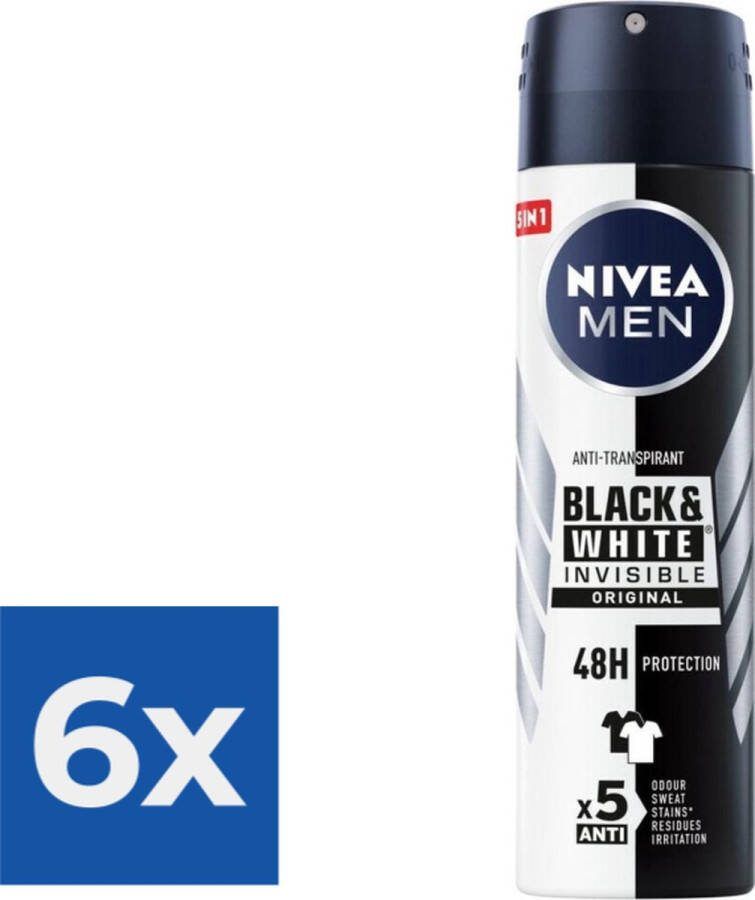NIVEA Men Deodorant Spray Invisible for Black & White 150 ml Voordeelverpakking 6 stuks