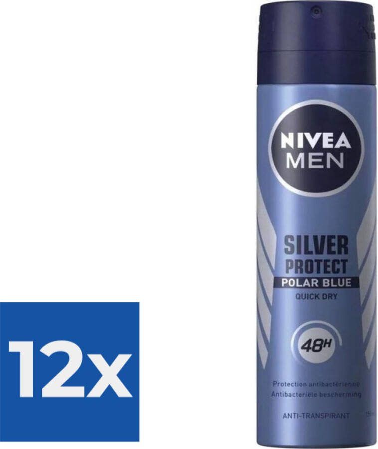 NIVEA Men Deodorant Spray Silver Protect Polar Blue 150 ml Voordeelverpakking 12 stuks
