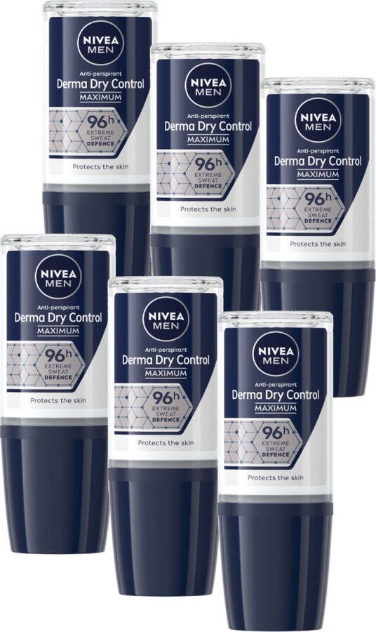 NIVEA MEN Derma Control Maximum Roll-on Deodorant 96 uur krachtige bescherming Geur van hout en amber Met DermaDry en melkzuur 6 x 50 ml Voordeelverpakking