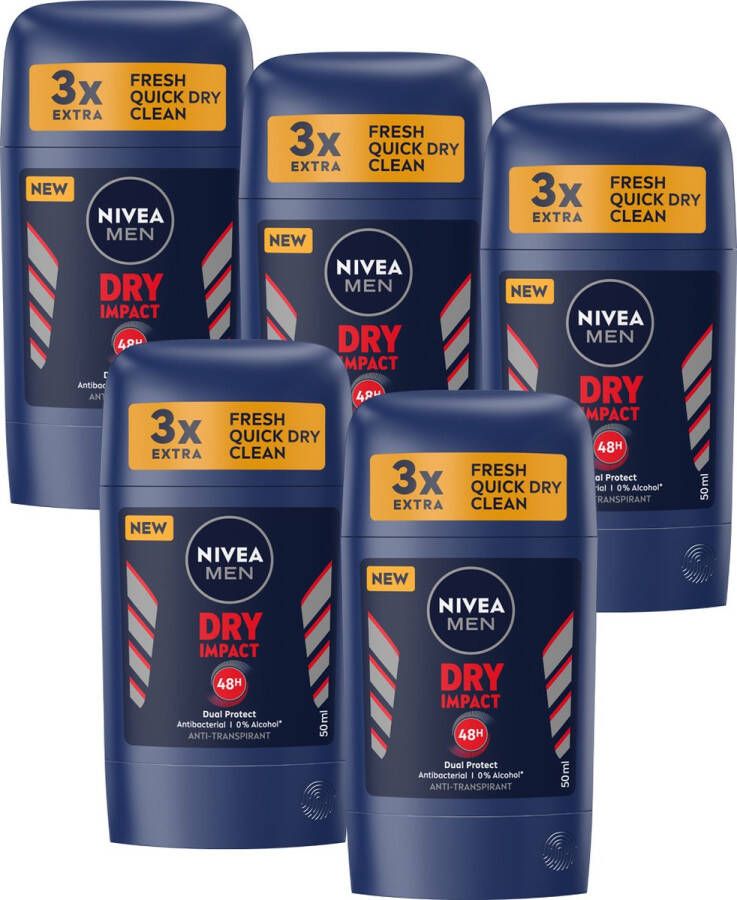 NIVEA MEN Dry Impact Anti-Transpirant Deodorant Stick 48 uur Bescherming Quick Dry Deo Mannen Alcoholvrij Deostick 5 x 50 ml Voordeelverpakking