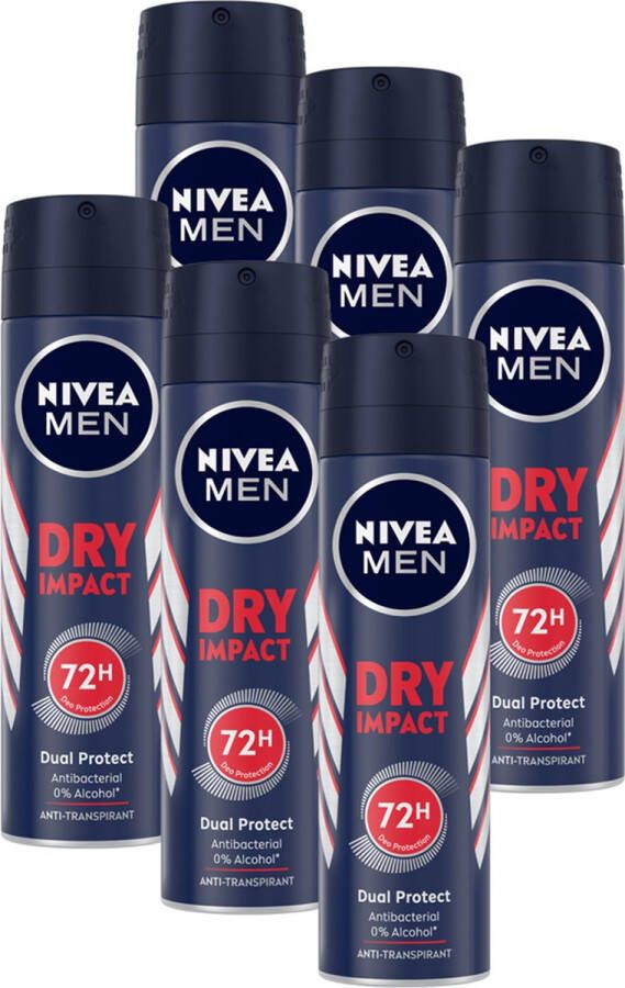 NIVEA MEN Dry Impact Anti-Transpirant Spray 72 uur bescherming Met mineralen en DryPlus Alcoholvrij en antibacterieel 6 x 150 ml Voordeelverpakking