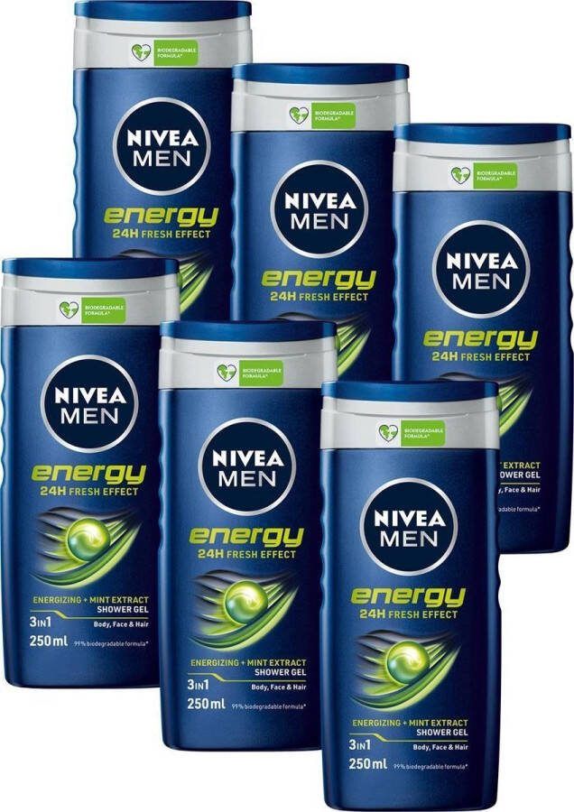 NIVEA MEN Energy Douchegel 3-in-1 Shower Gel Met Mintextract Shampoo Voordeelverpakking 6 x 250 ml