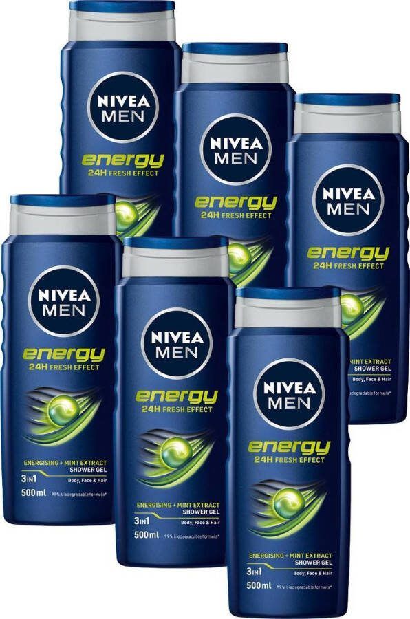 NIVEA MEN Energy Douchegel 3-in-1 Shower Gel Shampoo Voordeelverpakking 6x 500 ml