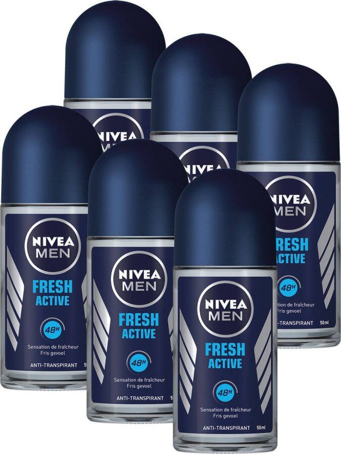 NIVEA MEN Fresh Active Anti-Transpirant Deo Roller Beschermt 48 uur Deodorant Met zeewierextract Alcoholvrij 6 x 50 ml Voordeelverpakking