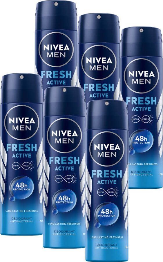 NIVEA MEN Fresh Active Deodorant Spray Anti-Transpirant Beschermt 48 uur lang Met oceaanextracten Aluminiumvrij en alcoholvrij Antibacterieel 6 x 150 ml Voordeelverpakking