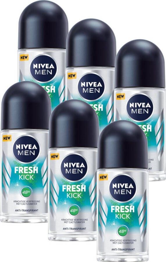 NIVEA MEN Fresh Kick Anti-Transpirant Roll-On Deodorant 48 uur bescherming Met cactuswater Alcoholvrij 6 x 50 ml Voordeelverpakking