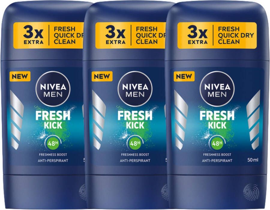 NIVEA Men Fresh Kick Deodorant 3 x 50 ml Freshness Boost met Cactuswater Deodorants Anti transpirant Deodorant Man Voordeelverpakking