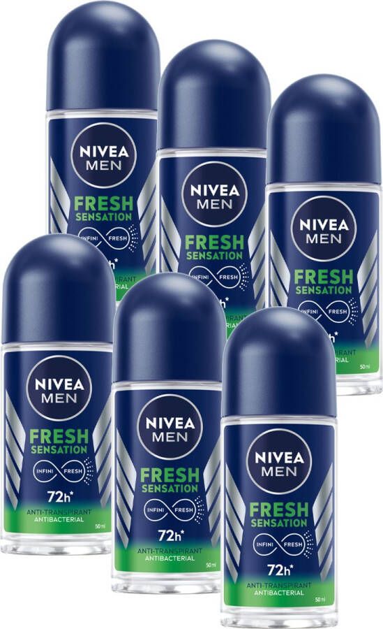 NIVEA MEN Fresh Sensation Anti-transpirant Deo Roller Deodorant Infinifresh 72 uur bescherming Antibacterieel en alcoholvrij 6 x 50 ml