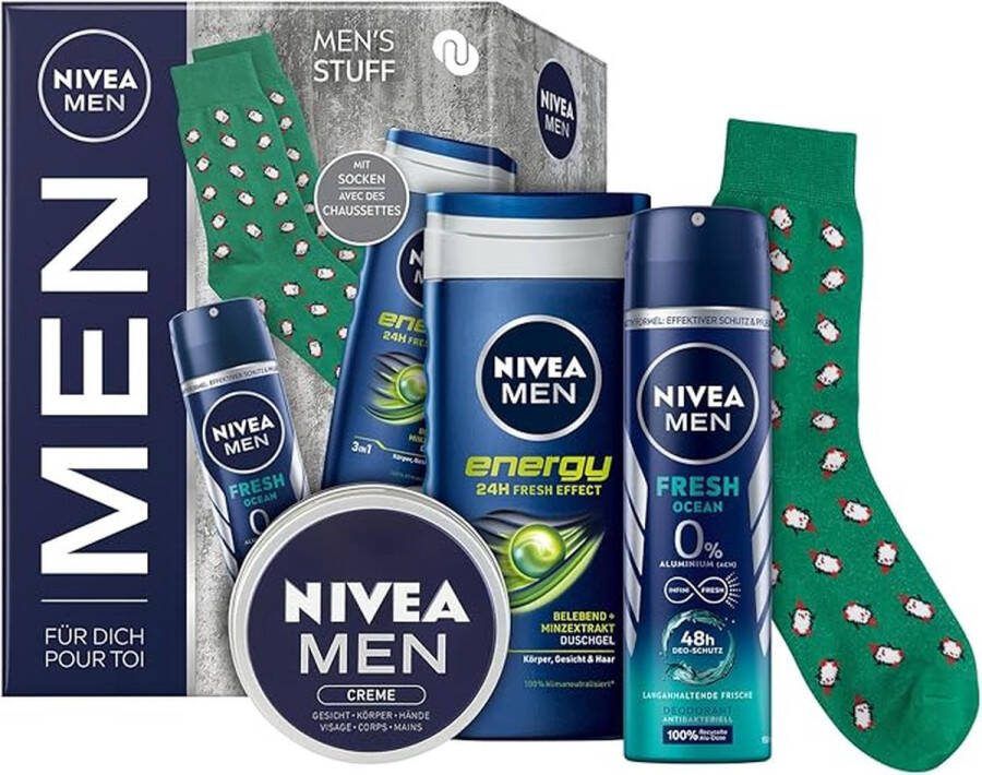 NIVEA Men Geschenkset met Sokken Energy douchegel Fresh Ocean Deodorant & Gezicht crème Cadeauset
