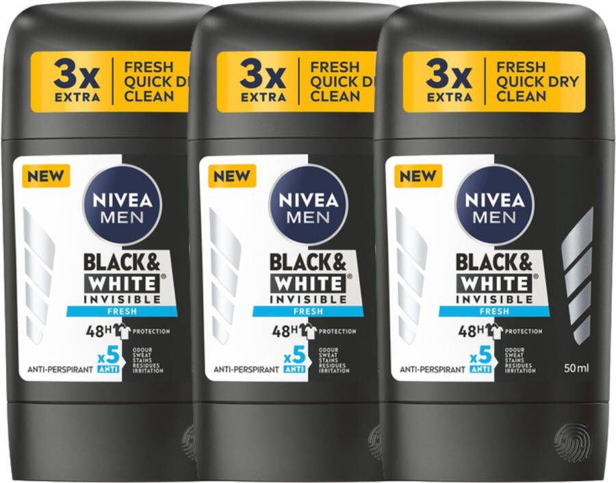 NIVEA Men Invisible Black & White Fresh Deodorant 3 x 50 ml 5 Voudig Werking 0% Alcohol Deodorants Anti transpirant Deodorant Man Voordeelverpakking