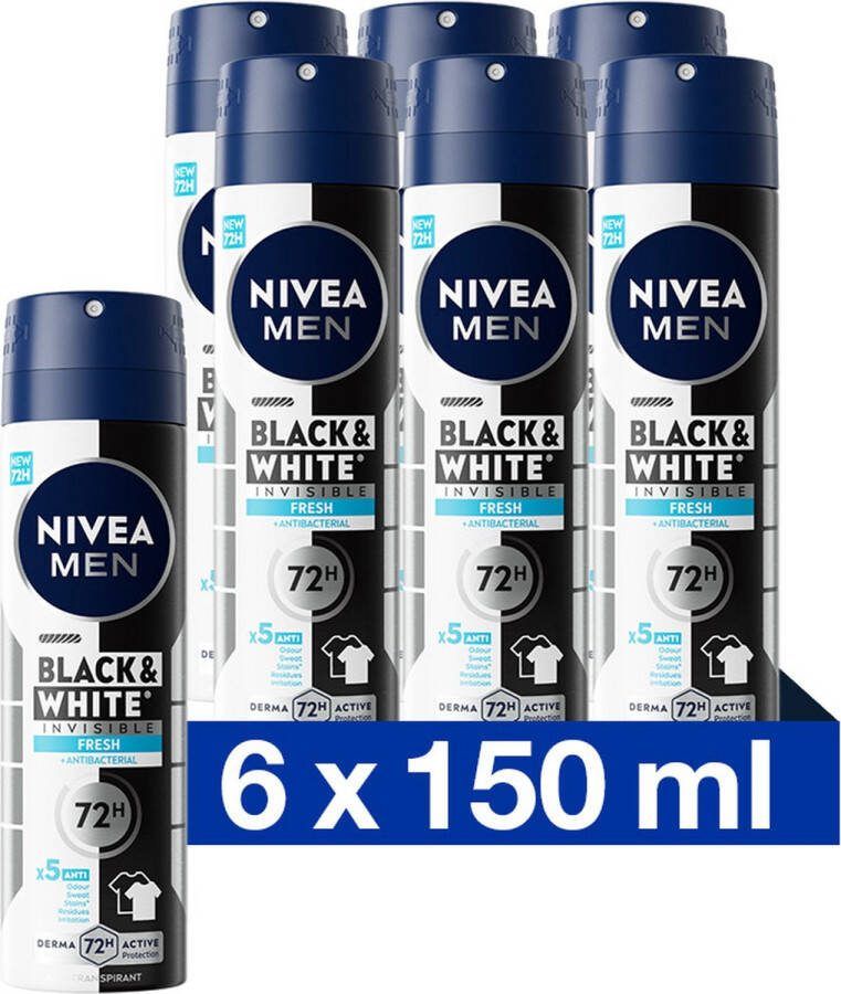 NIVEA MEN Invisible for Black & White Fresh Anti-Transpirant Spray Tegen witte en gele vlekken 72 uur bescherming Frisse geur – Alcoholvrij 6 x 150 ml