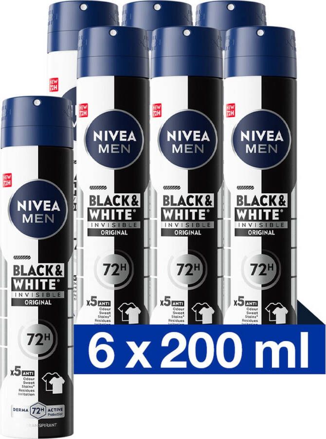 NIVEA MEN Invisible for Black & White Original Deodorant Spray 6 x 200ml Voordeelverpakking Beschermt 72 uur