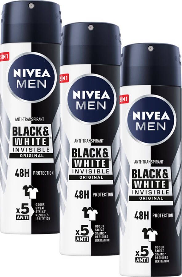 NIVEA MEN Invisible for Black & White Power Deodorant Spray 3 x 150 ml Voordeelverpakking