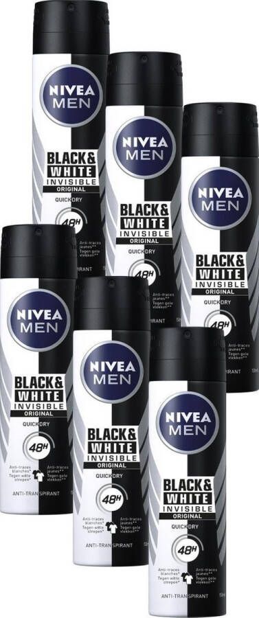 NIVEA MEN Invisible for Black & White Original Anti-Transpirant Spray Geen witte of gele vlekken Quickdry Alcoholvrij Beschermt 72 uur 6 x 150 ml