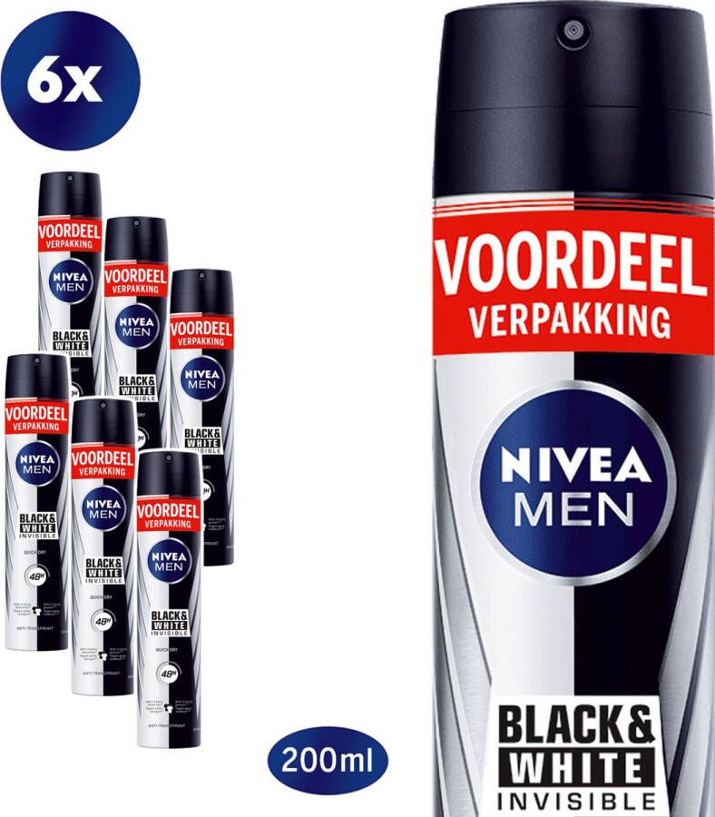 NIVEA MEN Invisible for Black & White Power deodorant spray 6 x 200 ml voordeelverpakking