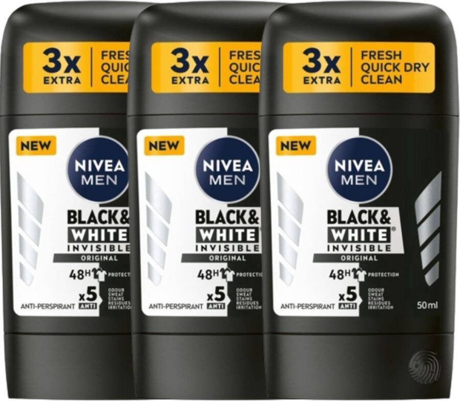 NIVEA Men Invisible on Black & White Original Deodorant 3 x 50 ml 5 Voudig Werking 0% Alcohol Deodorants Deodorant Man Voordeelverpakking
