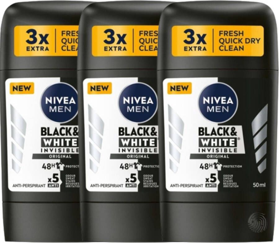 NIVEA Men Invisible on Black & White Original Deodorant 3 x 50 ml 5 Voudig Werking 0% Alcohol Deodrants Anti transpirant Deodorant Man Voordeelverpakking