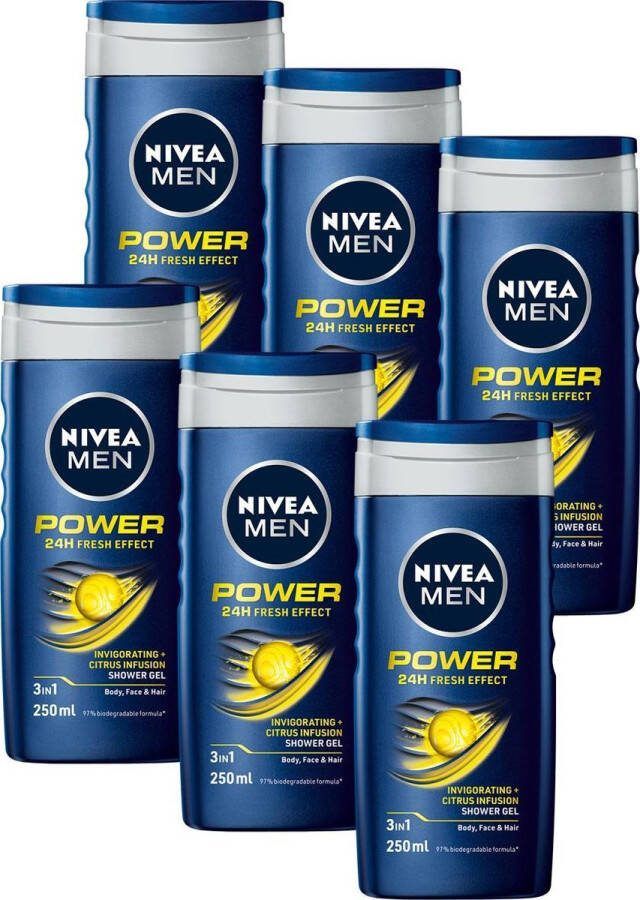 NIVEA MEN Power Refresh Douchegel 3-in-1 Shower Gel Shampoo Voordeelverpakking 6 x 250 ml